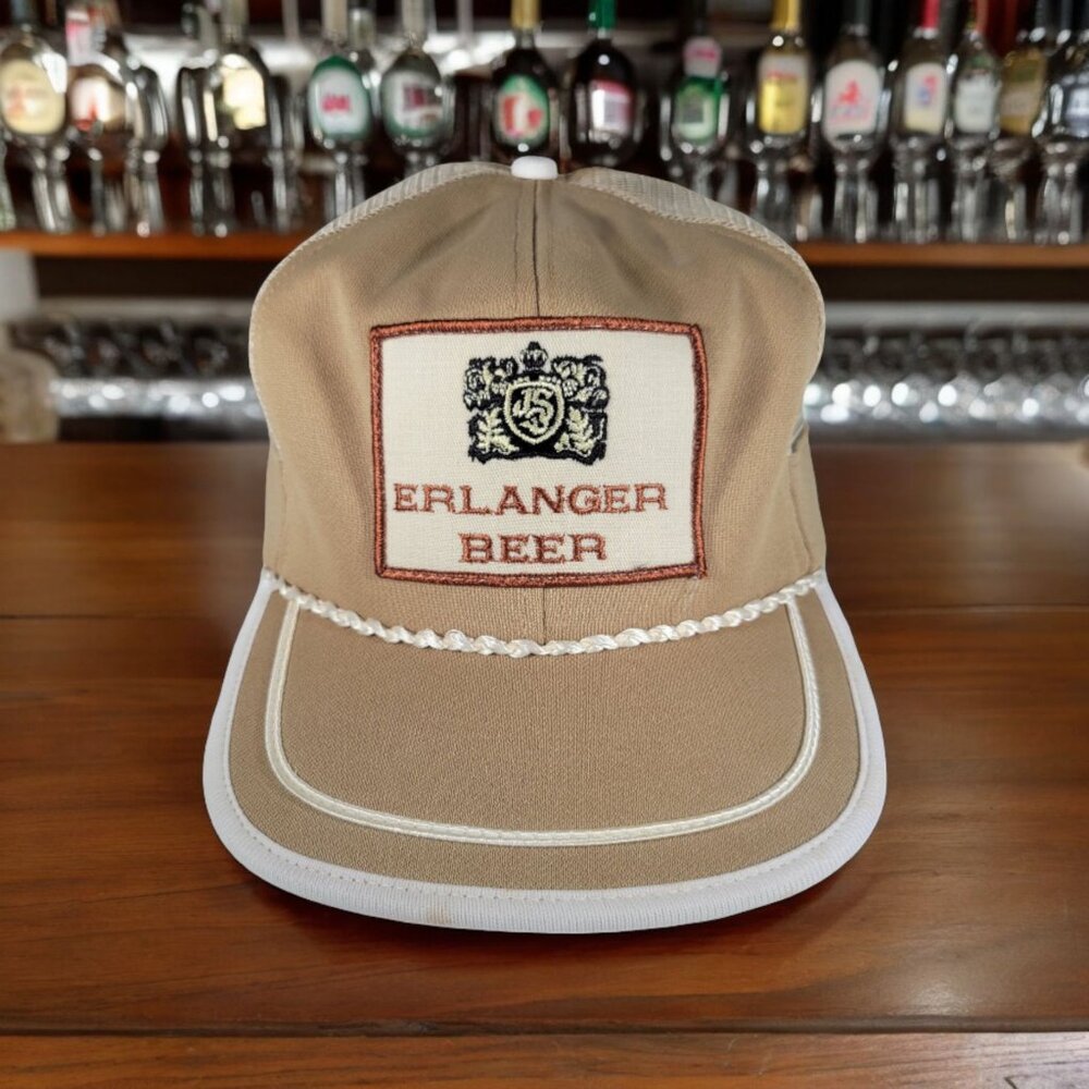 Erlanger Beer Rope Trucker Snapback Hat Cap Vtg 80s Brown Mesh Patch Drawstring‎